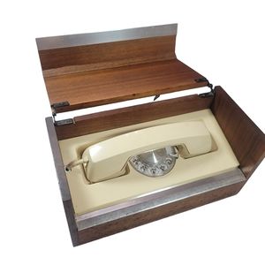 Vintage MCM Western Electric Rotary Executive Stowaway Teak Wood Box Desk Phone